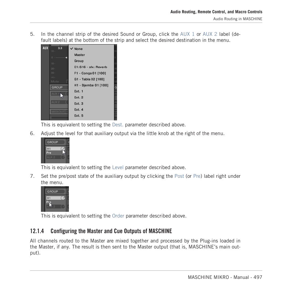 Configuring the master and cue outputs of maschine, 4, configuring the master and cue, Outputs of maschine | Native Instruments MASCHINE MIKRO MK3 Groove Production Studio (Black) User Manual | Page 497 / 807