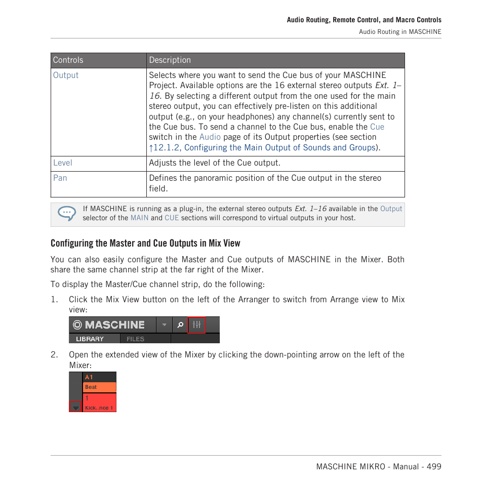 Configuring the master and cue outputs in mix view | Native Instruments MASCHINE MIKRO MK3 Groove Production Studio (Black) User Manual | Page 499 / 807