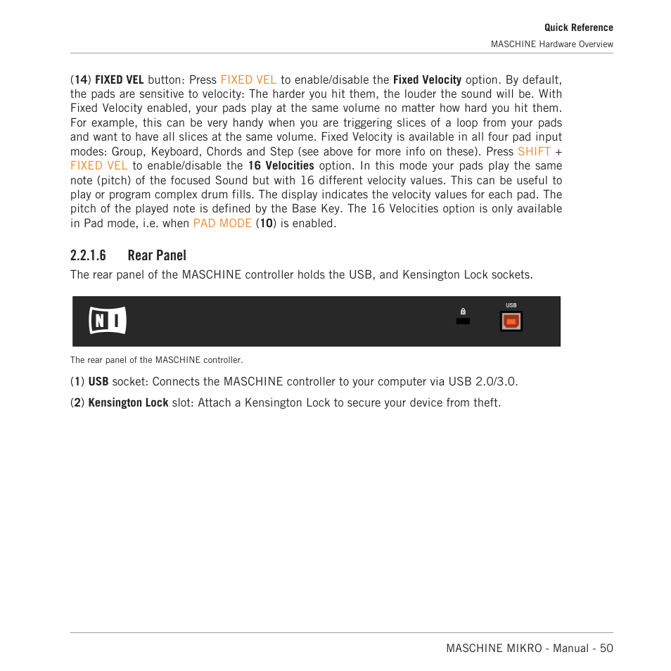 Rear panel, 6 rear panel | Native Instruments MASCHINE MIKRO MK3 Groove Production Studio (Black) User Manual | Page 50 / 807