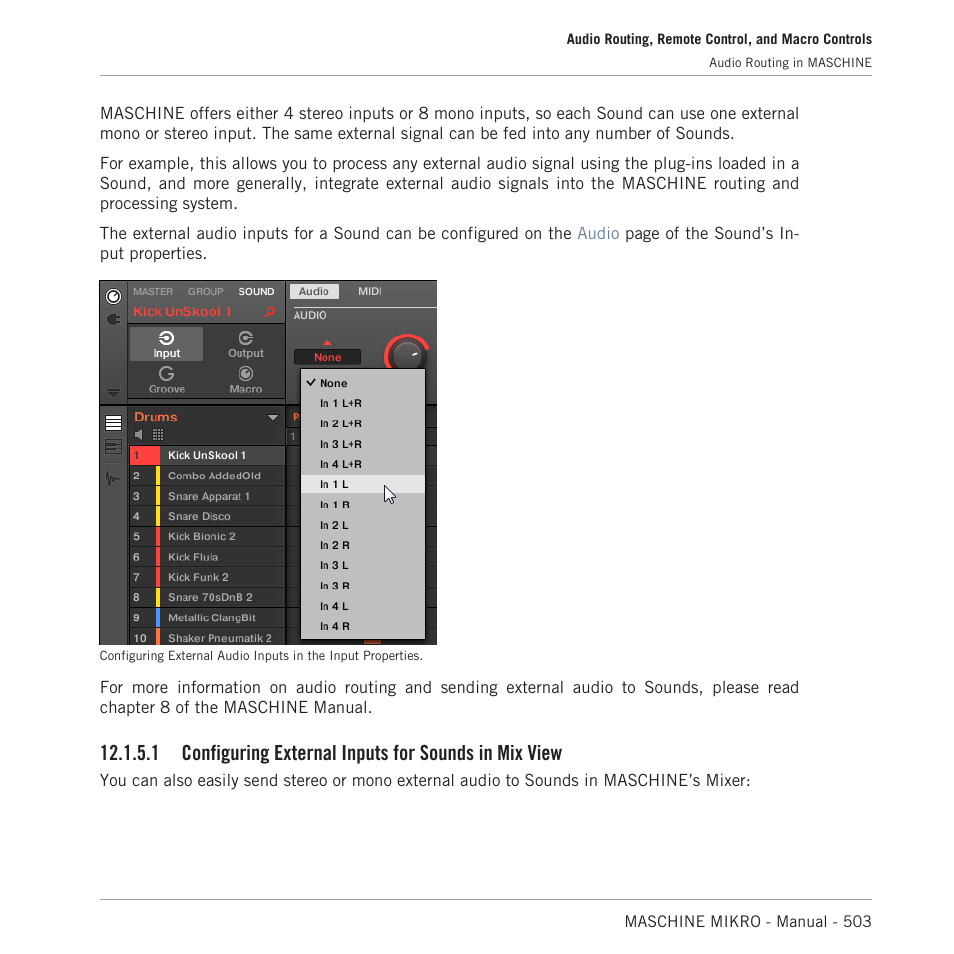 Configuring external inputs for sounds in mix view | Native Instruments MASCHINE MIKRO MK3 Groove Production Studio (Black) User Manual | Page 503 / 807
