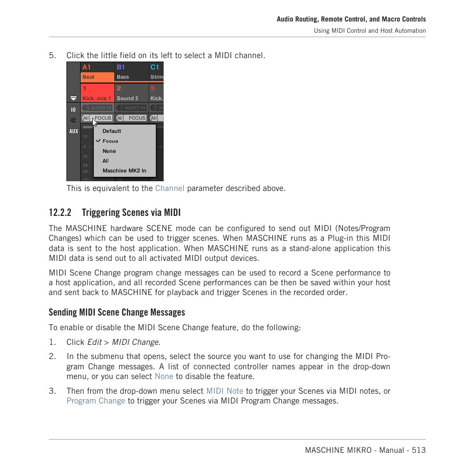 Triggering scenes via midi, 2 triggering scenes via midi, Sending midi scene change messages | Native Instruments MASCHINE MIKRO MK3 Groove Production Studio (Black) User Manual | Page 513 / 807