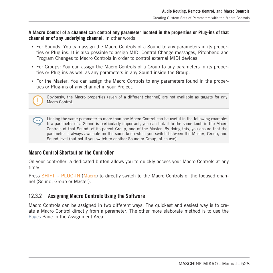 Assigning macro controls using the software, Macro control shortcut on the controller, 2 assigning macro controls using the software | Native Instruments MASCHINE MIKRO MK3 Groove Production Studio (Black) User Manual | Page 528 / 807