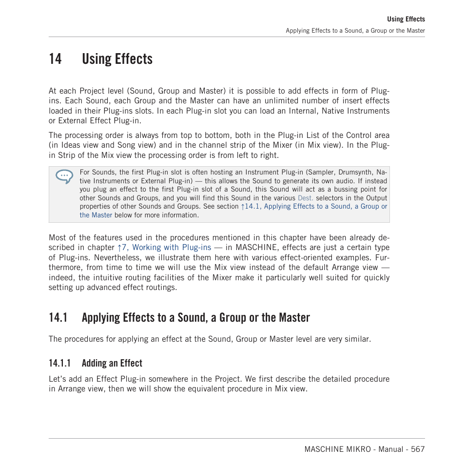 Using effects, Applying effects to a sound, a group or the master, Adding an effect | 14 using effects, 14, using effects, 14, using, Effects, 1 adding an effect | Native Instruments MASCHINE MIKRO MK3 Groove Production Studio (Black) User Manual | Page 567 / 807