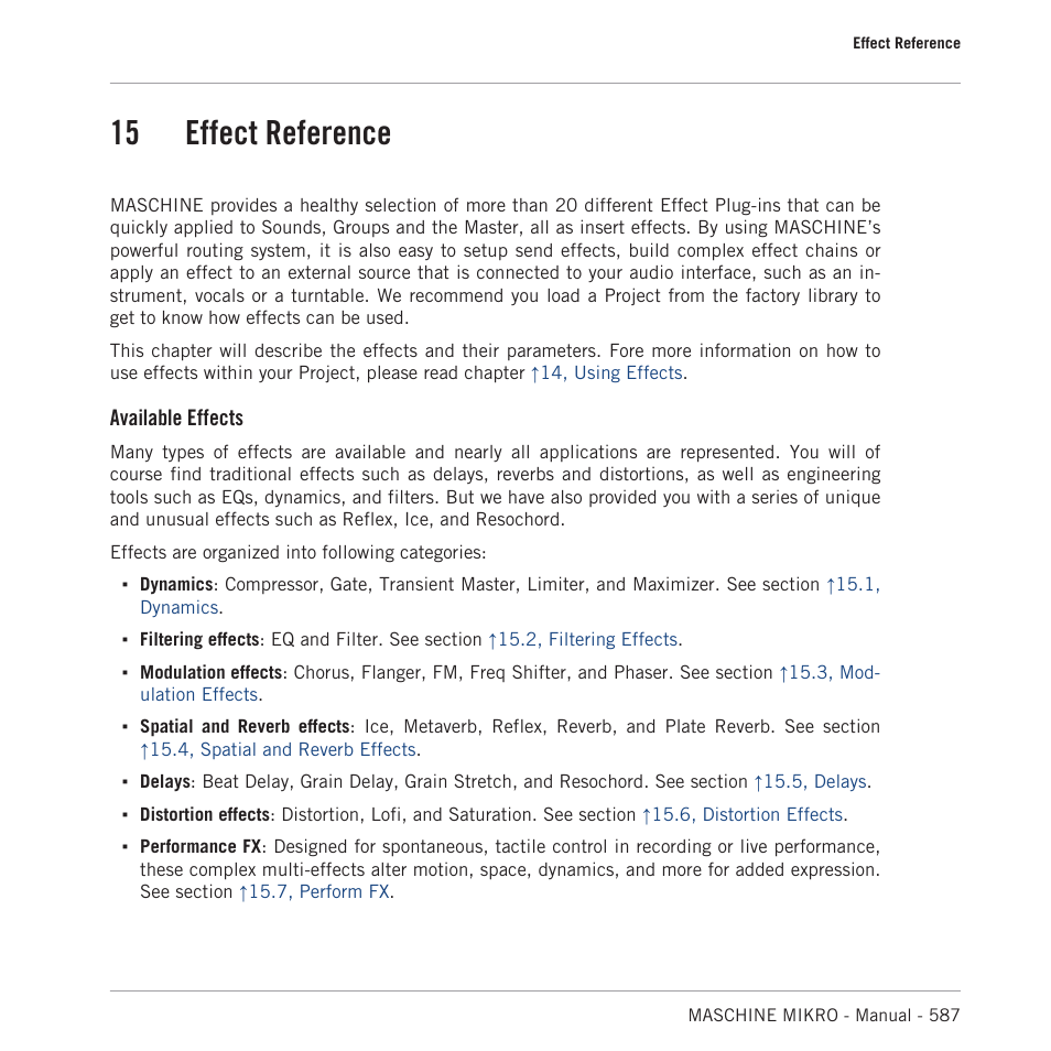 Effect reference, 15 effect reference, 15, effect | Reference, In slot. read chapter, 15, effect reference, On their usage, and chapter, Available effects | Native Instruments MASCHINE MIKRO MK3 Groove Production Studio (Black) User Manual | Page 587 / 807