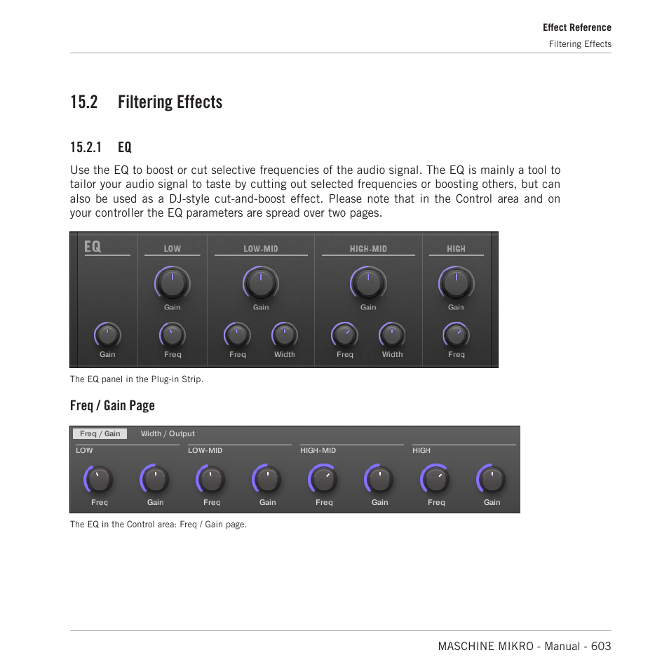 Filtering effects, Eq and filter. see section, 2, filtering effects | 2 filtering effects, 1 eq, Freq / gain page | Native Instruments MASCHINE MIKRO MK3 Groove Production Studio (Black) User Manual | Page 603 / 807
