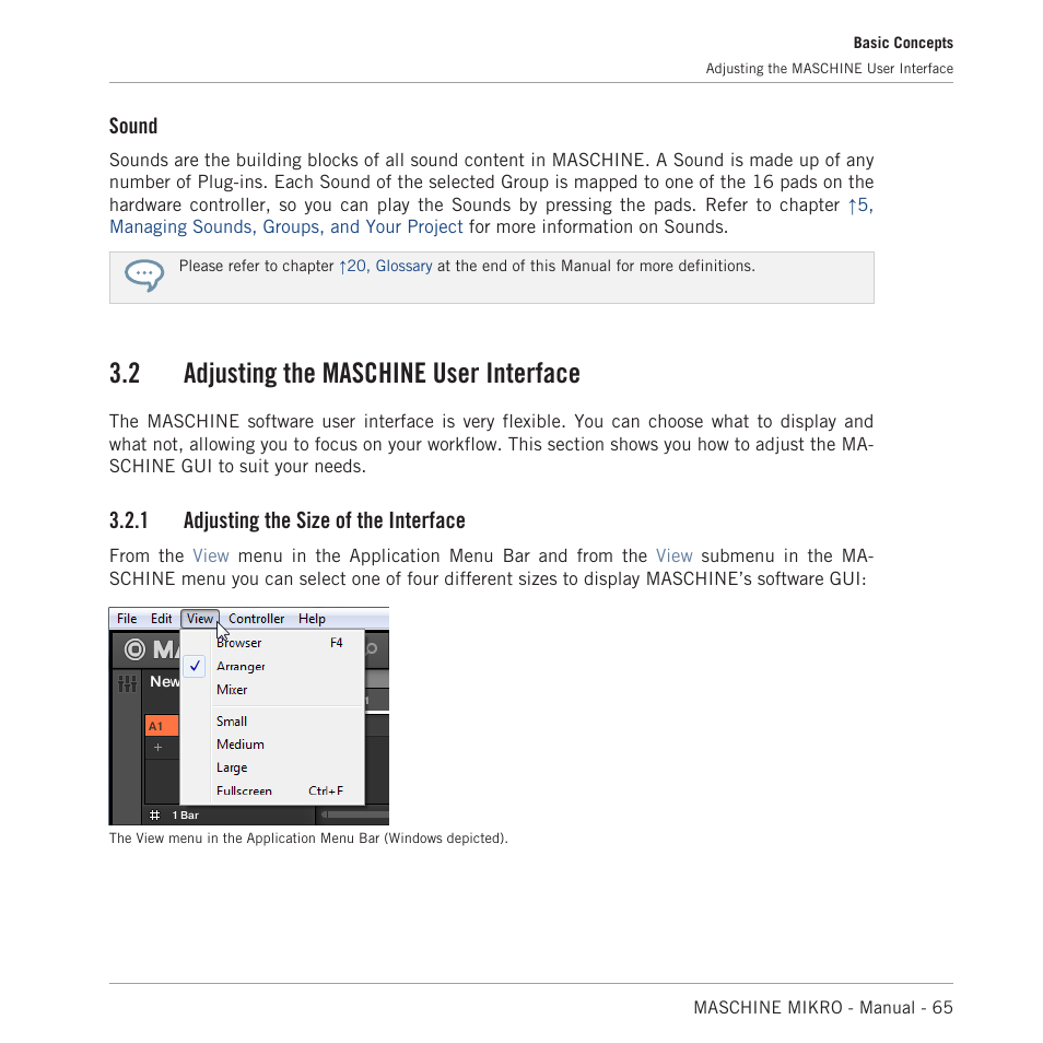 Adjusting the maschine user interface, Adjusting the size of the interface, 2 adjusting the maschine user interface | Sound, 1 adjusting the size of the interface | Native Instruments MASCHINE MIKRO MK3 Groove Production Studio (Black) User Manual | Page 65 / 807