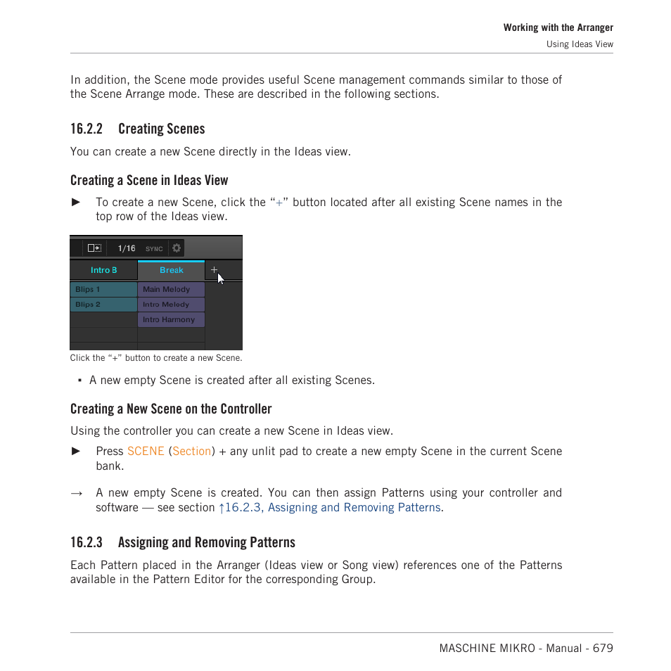 Creating scenes, Assigning and removing patterns, 2 creating scenes | Creating a scene in ideas view, Creating a new scene on the controller, 3 assigning and removing patterns | Native Instruments MASCHINE MIKRO MK3 Groove Production Studio (Black) User Manual | Page 679 / 807