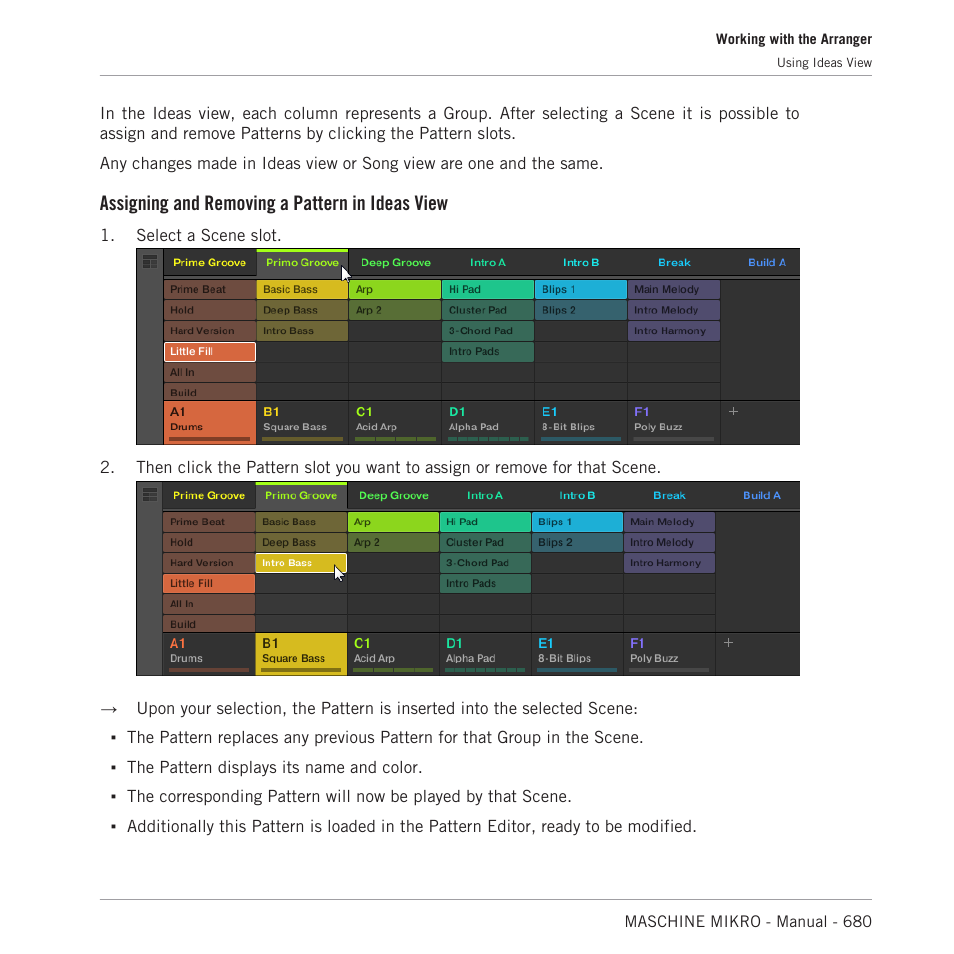 Assigning and removing a pattern in ideas view | Native Instruments MASCHINE MIKRO MK3 Groove Production Studio (Black) User Manual | Page 680 / 807