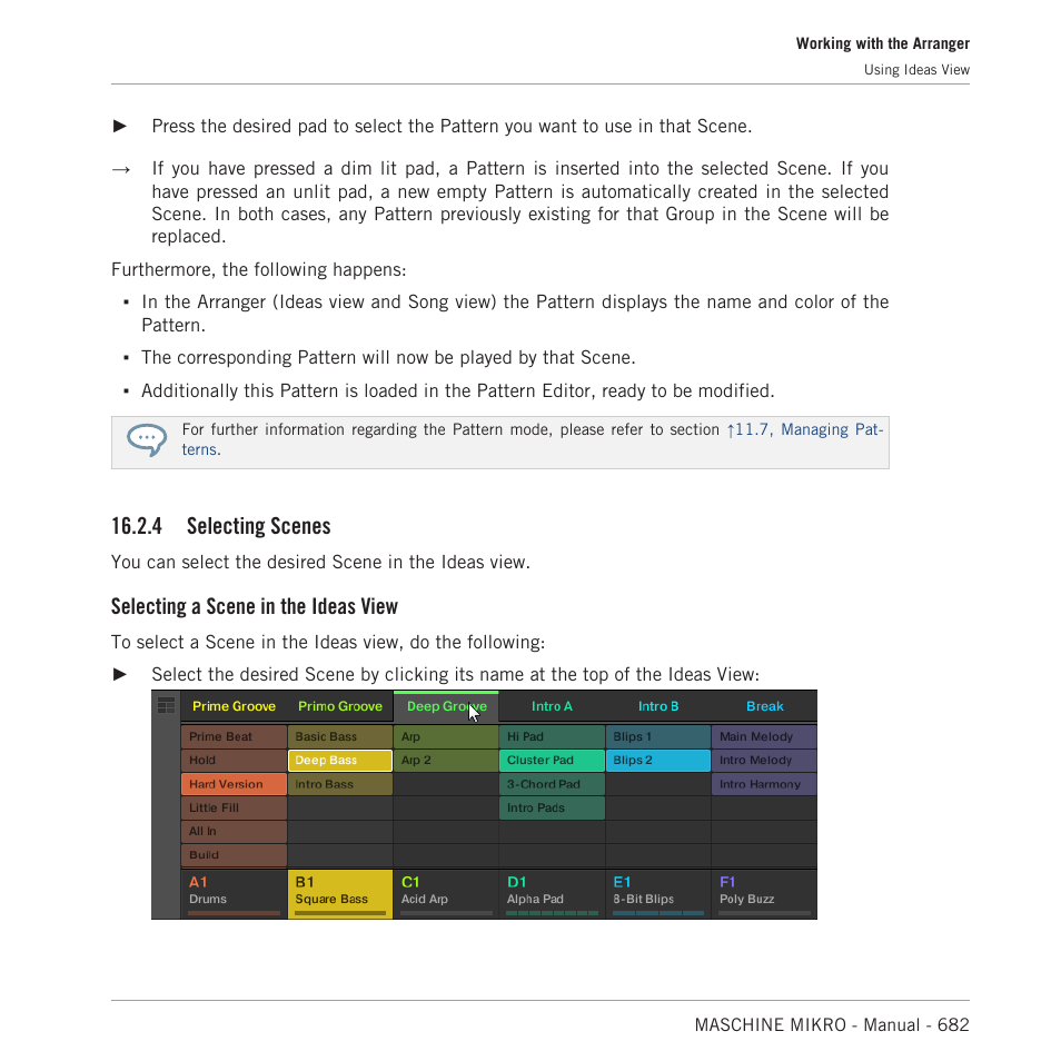 Selecting scenes, 4 selecting scenes, Selecting a scene in the ideas view | Native Instruments MASCHINE MIKRO MK3 Groove Production Studio (Black) User Manual | Page 682 / 807