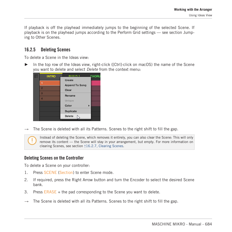 Deleting scenes, 5 deleting scenes, Deleting scenes on the controller | Native Instruments MASCHINE MIKRO MK3 Groove Production Studio (Black) User Manual | Page 684 / 807