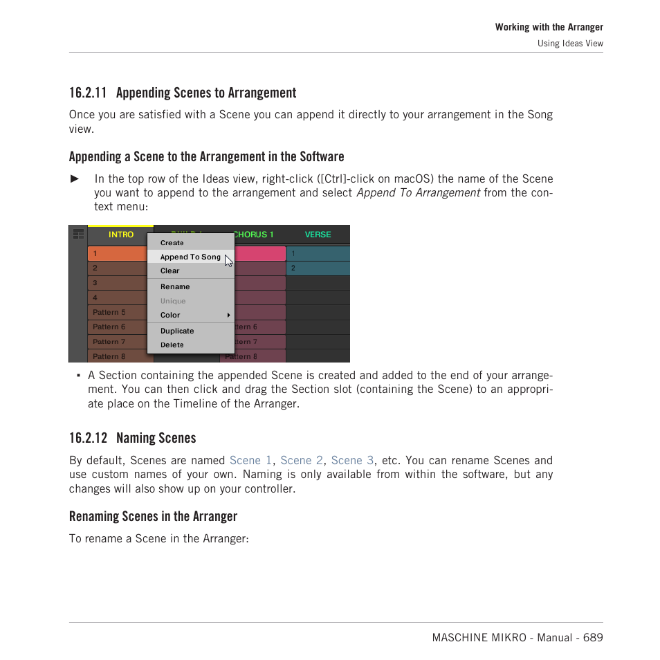 Appending scenes to arrangement, Naming scenes, 11 appending scenes to arrangement | 12 naming scenes, Renaming scenes in the arranger | Native Instruments MASCHINE MIKRO MK3 Groove Production Studio (Black) User Manual | Page 689 / 807