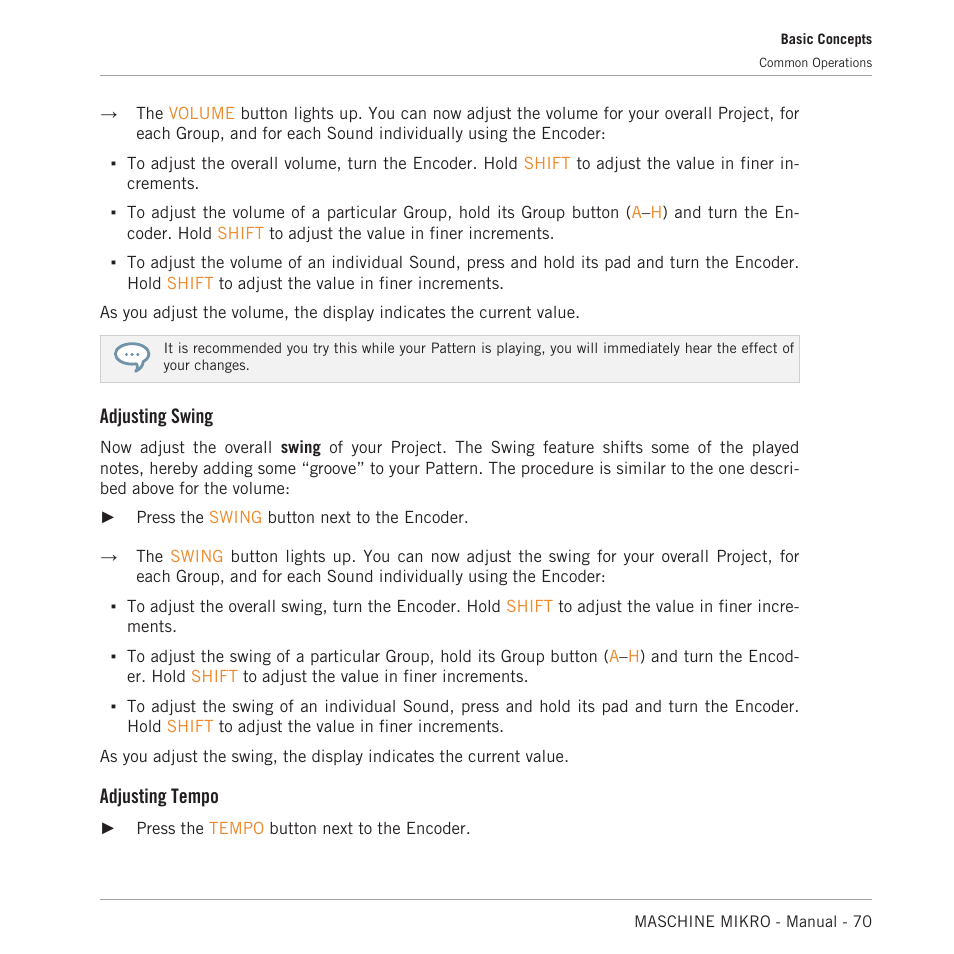 Adjusting swing, Adjusting tempo | Native Instruments MASCHINE MIKRO MK3 Groove Production Studio (Black) User Manual | Page 70 / 807
