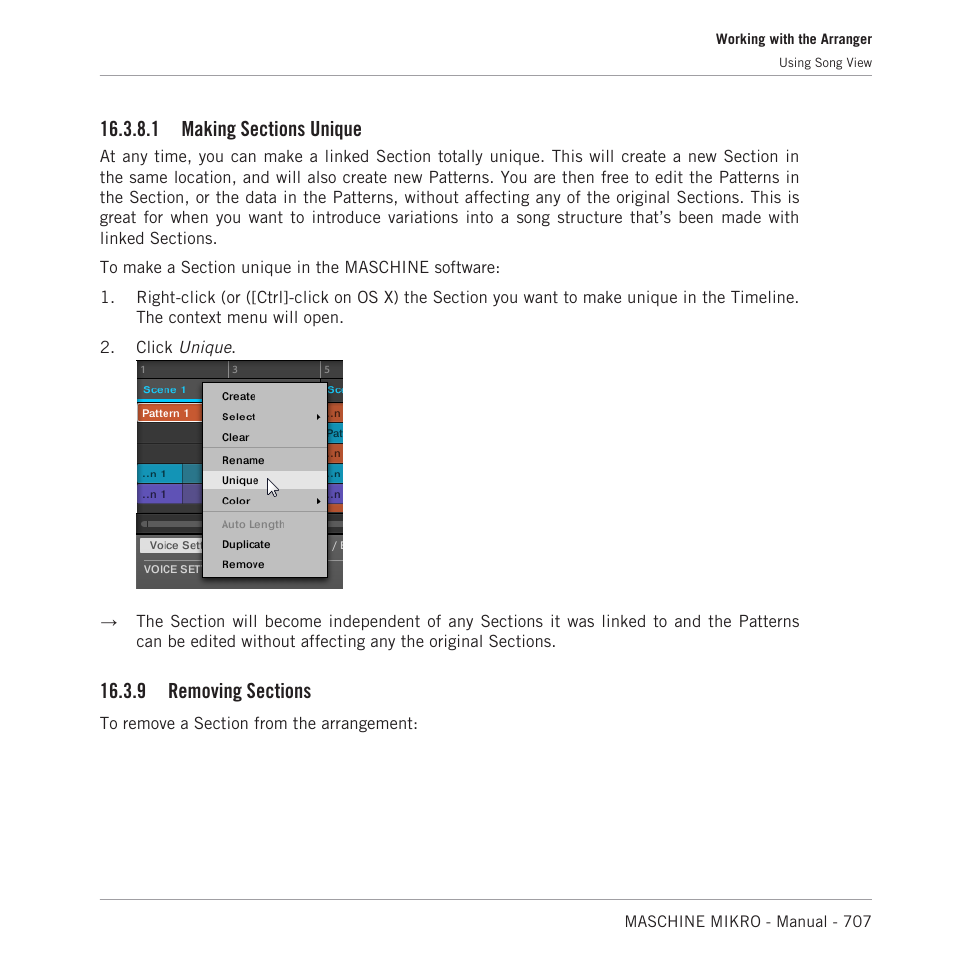 Making sections unique, Removing sections, 1 making sections unique | Native Instruments MASCHINE MIKRO MK3 Groove Production Studio (Black) User Manual | Page 707 / 807