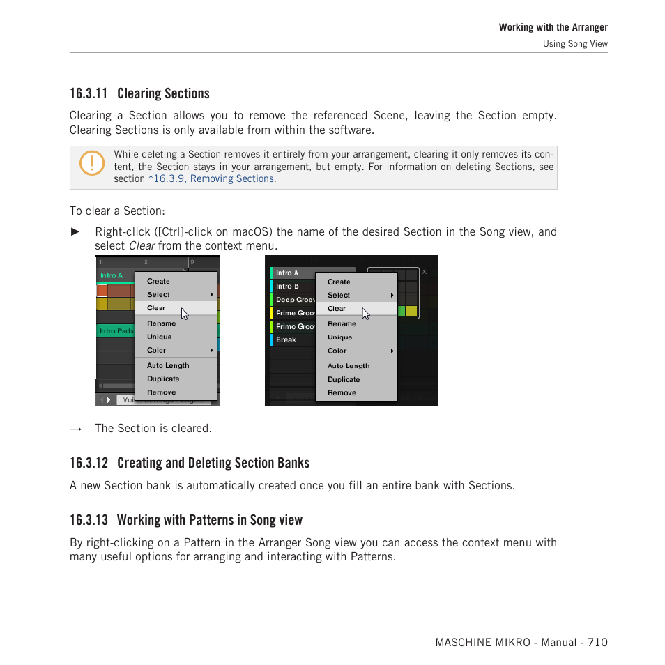 Clearing sections, Creating and deleting section banks, Working with patterns in song view | 11 clearing sections, 12 creating and deleting section banks, 13 working with patterns in song view, 13, working, With patterns in song view | Native Instruments MASCHINE MIKRO MK3 Groove Production Studio (Black) User Manual | Page 710 / 807