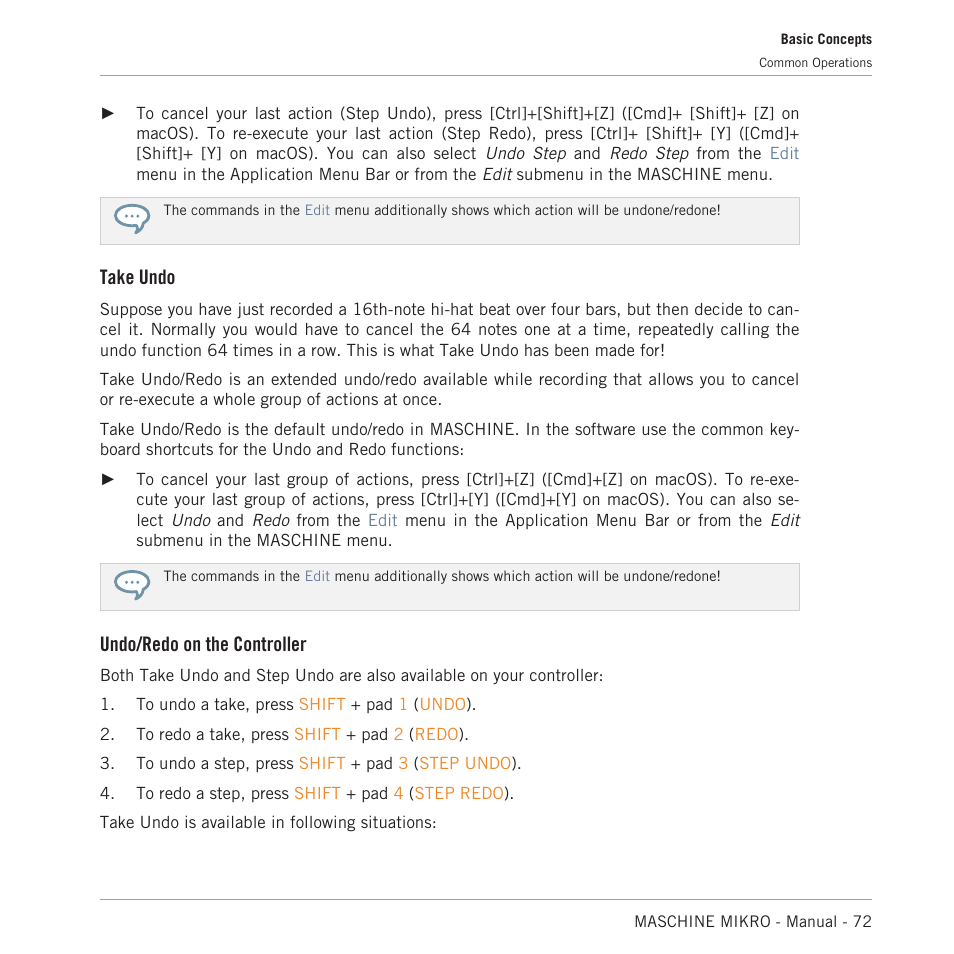Take undo, Undo/redo on the controller | Native Instruments MASCHINE MIKRO MK3 Groove Production Studio (Black) User Manual | Page 72 / 807