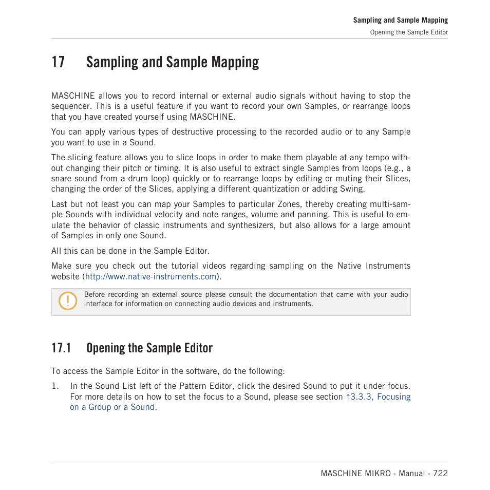 Sampling and sample mapping, Opening the sample editor, 17 sampling and sample mapping | About sampling with maschine, see, 17, sampling and sample mapping, 17, sampling and sample, Mapping, 17, sampling and, Sample mapping, 1 opening the sample editor | Native Instruments MASCHINE MIKRO MK3 Groove Production Studio (Black) User Manual | Page 722 / 807