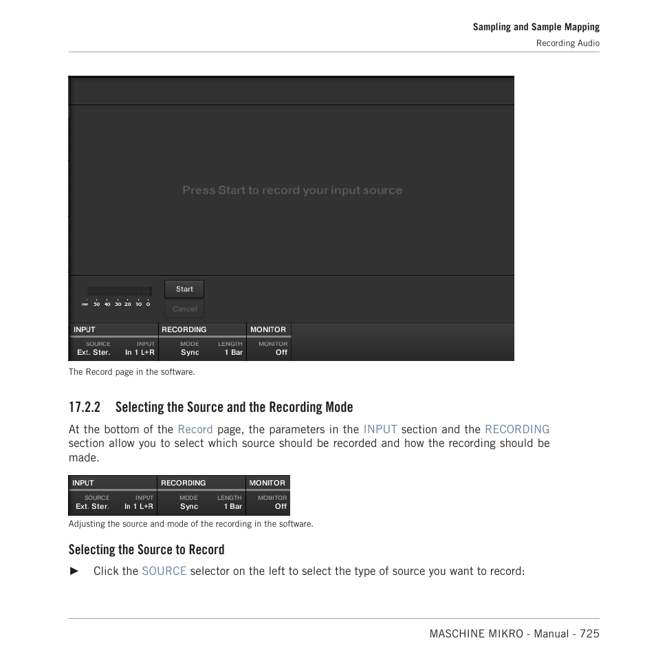 Selecting the source and the recording mode, 2, select, Ing the source and the recording mode | 2 selecting the source and the recording mode, Selecting the source to record | Native Instruments MASCHINE MIKRO MK3 Groove Production Studio (Black) User Manual | Page 725 / 807
