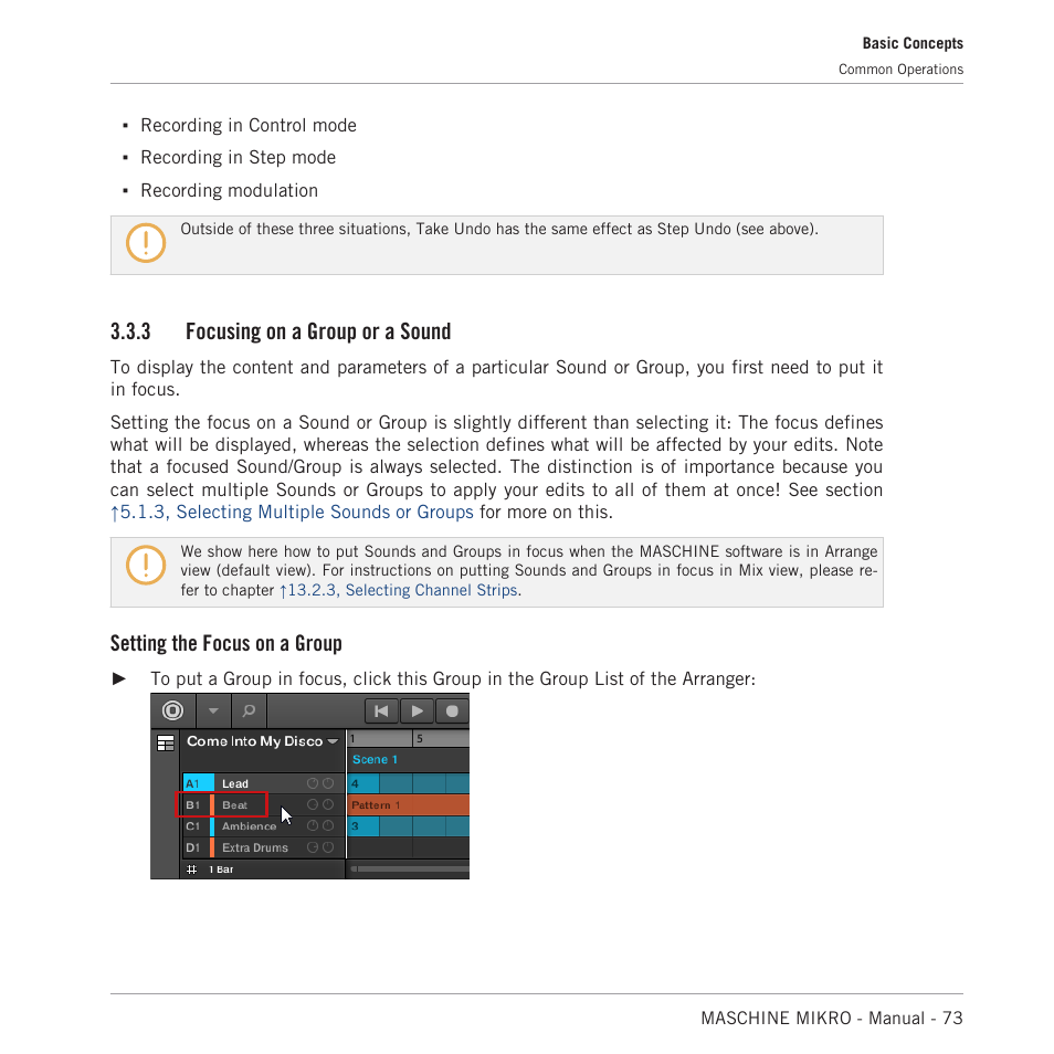 Focusing on a group or a sound, 3 focusing on a group or a sound, Setting the focus on a group | Native Instruments MASCHINE MIKRO MK3 Groove Production Studio (Black) User Manual | Page 73 / 807