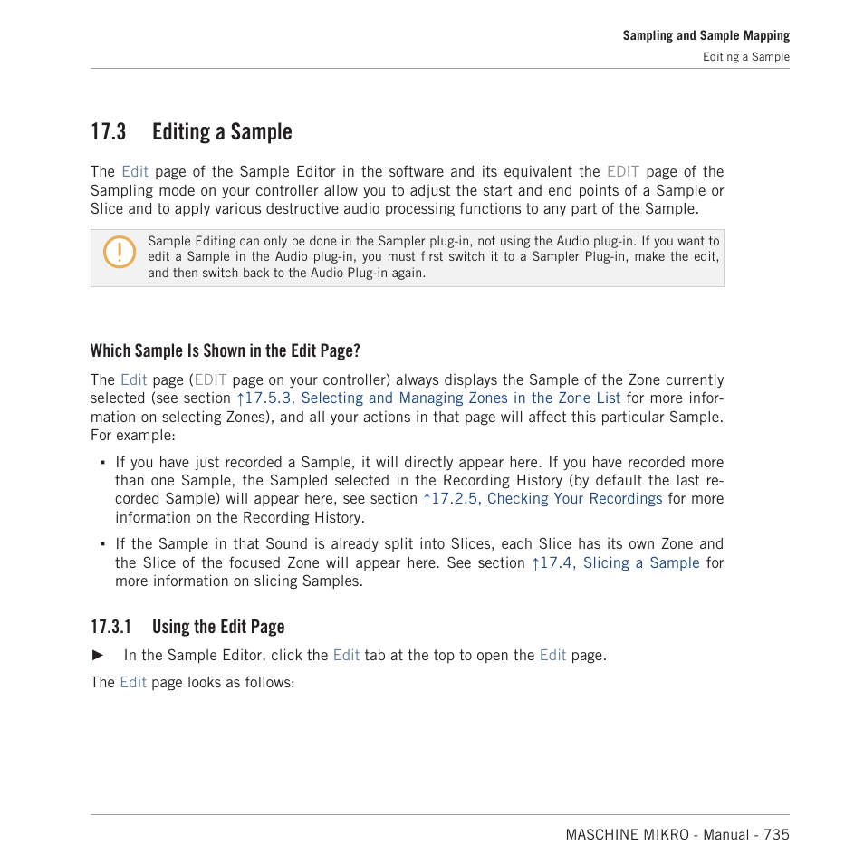 Editing a sample, 3, editing a sam, 3, editing a | Sample, 3 editing a sample, Which sample is shown in the edit page, 1 using the edit page | Native Instruments MASCHINE MIKRO MK3 Groove Production Studio (Black) User Manual | Page 735 / 807