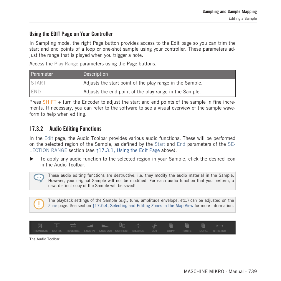 Audio editing functions, Refer to, 2, audio editing functions | Below, Using the edit page on your controller, 2 audio editing functions | Native Instruments MASCHINE MIKRO MK3 Groove Production Studio (Black) User Manual | Page 739 / 807