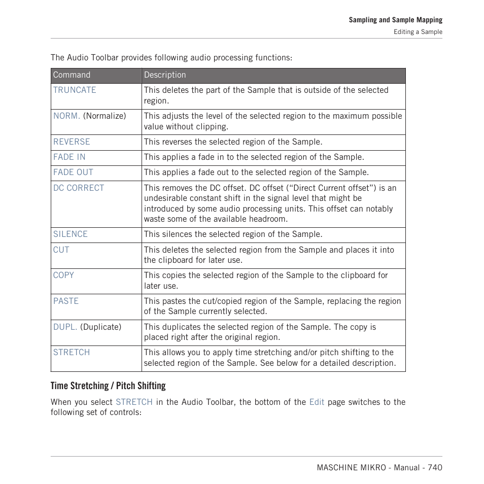 Time stretching / pitch shifting | Native Instruments MASCHINE MIKRO MK3 Groove Production Studio (Black) User Manual | Page 740 / 807