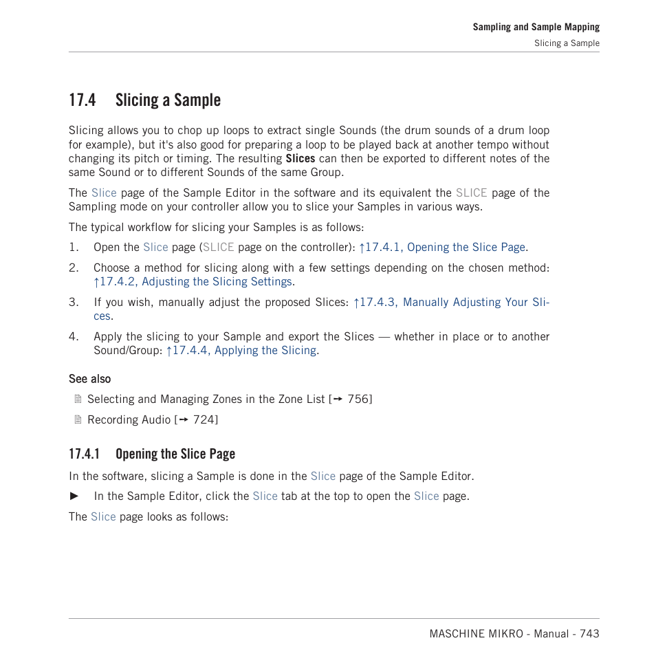 Slicing a sample, 4, slicing a, Sample | 4, slicing a sample, 4 slicing a sample, 1 opening the slice page | Native Instruments MASCHINE MIKRO MK3 Groove Production Studio (Black) User Manual | Page 743 / 807