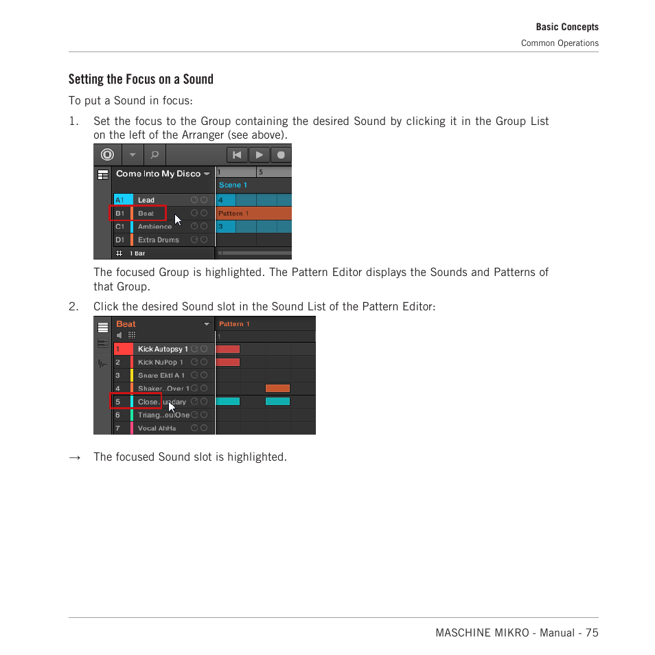 Setting the focus on a sound | Native Instruments MASCHINE MIKRO MK3 Groove Production Studio (Black) User Manual | Page 75 / 807