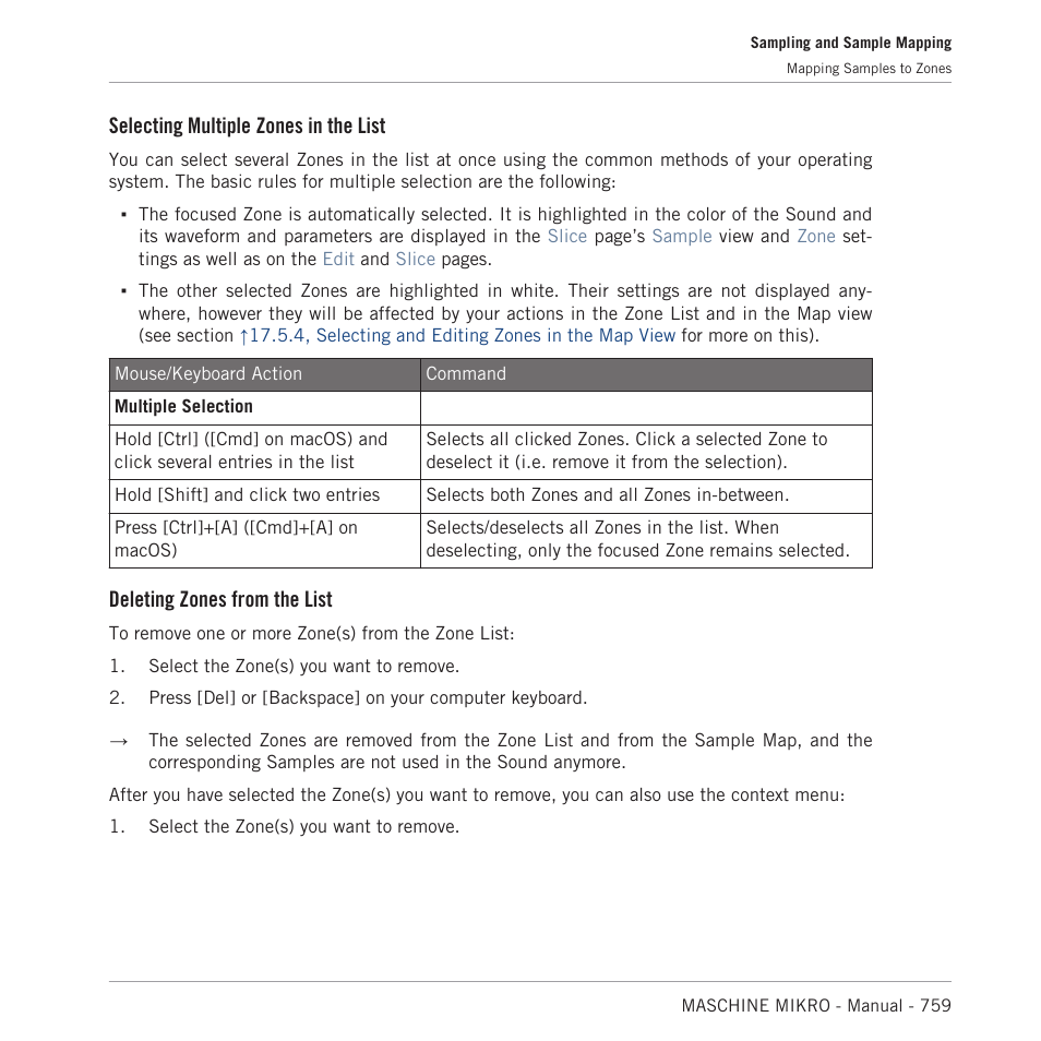 Selecting multiple zones in the list, Deleting zones from the list | Native Instruments MASCHINE MIKRO MK3 Groove Production Studio (Black) User Manual | Page 759 / 807