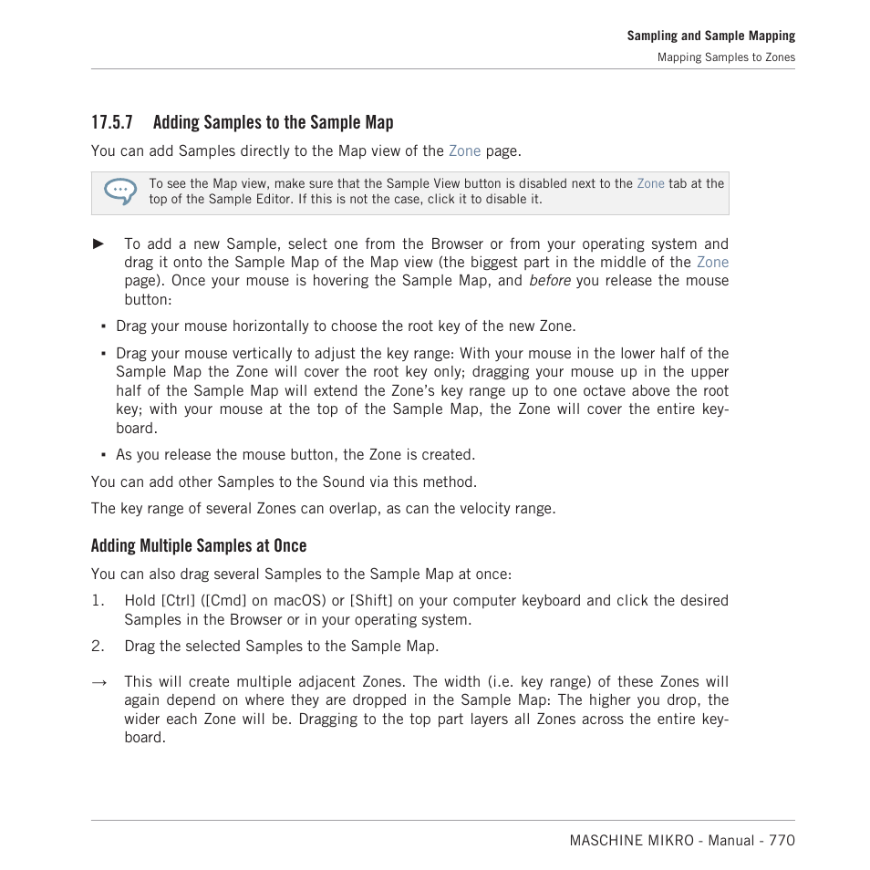 Adding samples to the sample map, 7, adding samples to the sample, For more information | 7 adding samples to the sample map, Adding multiple samples at once | Native Instruments MASCHINE MIKRO MK3 Groove Production Studio (Black) User Manual | Page 770 / 807