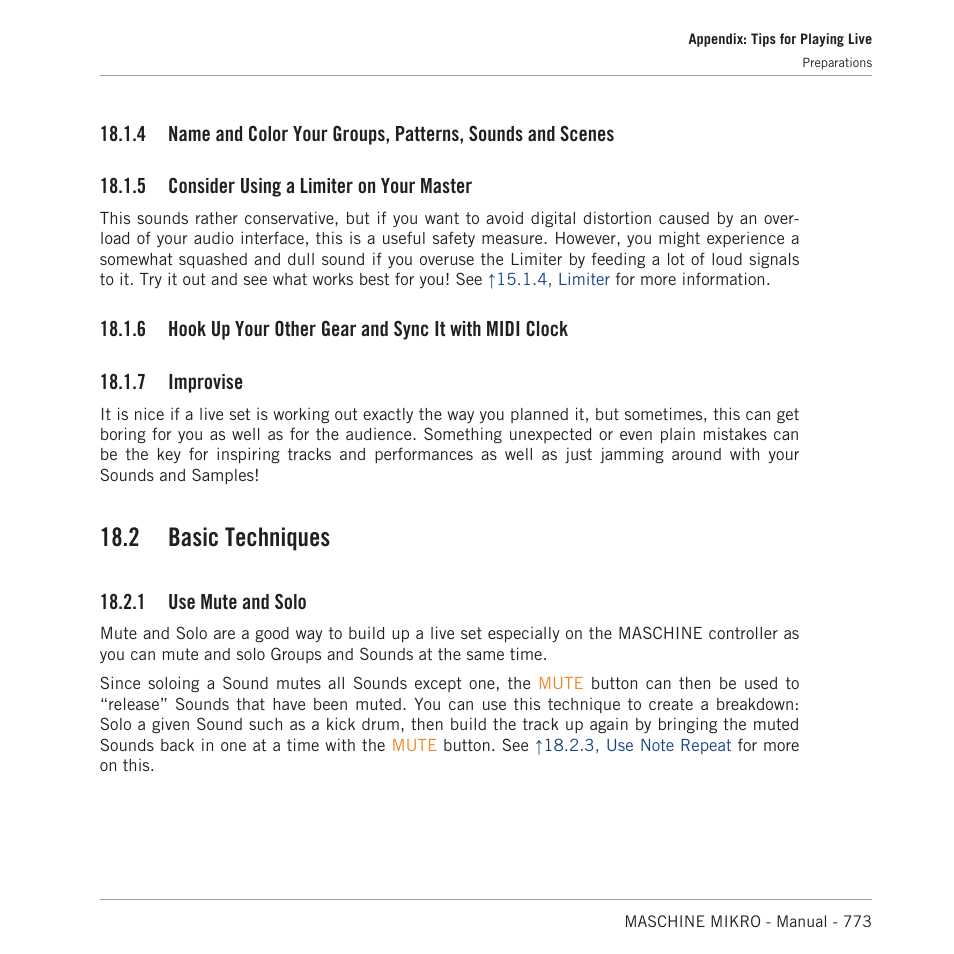 Consider using a limiter on your master, Improvise, Basic techniques | Use mute and solo, 2 basic techniques, 5 consider using a limiter on your master, 7 improvise, 1 use mute and solo | Native Instruments MASCHINE MIKRO MK3 Groove Production Studio (Black) User Manual | Page 773 / 807