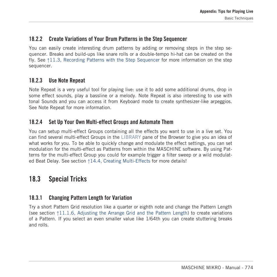 Use note repeat, Special tricks, Changing pattern length for variation | 3, use note repeat, 3 special tricks, 1 changing pattern length for variation | Native Instruments MASCHINE MIKRO MK3 Groove Production Studio (Black) User Manual | Page 774 / 807