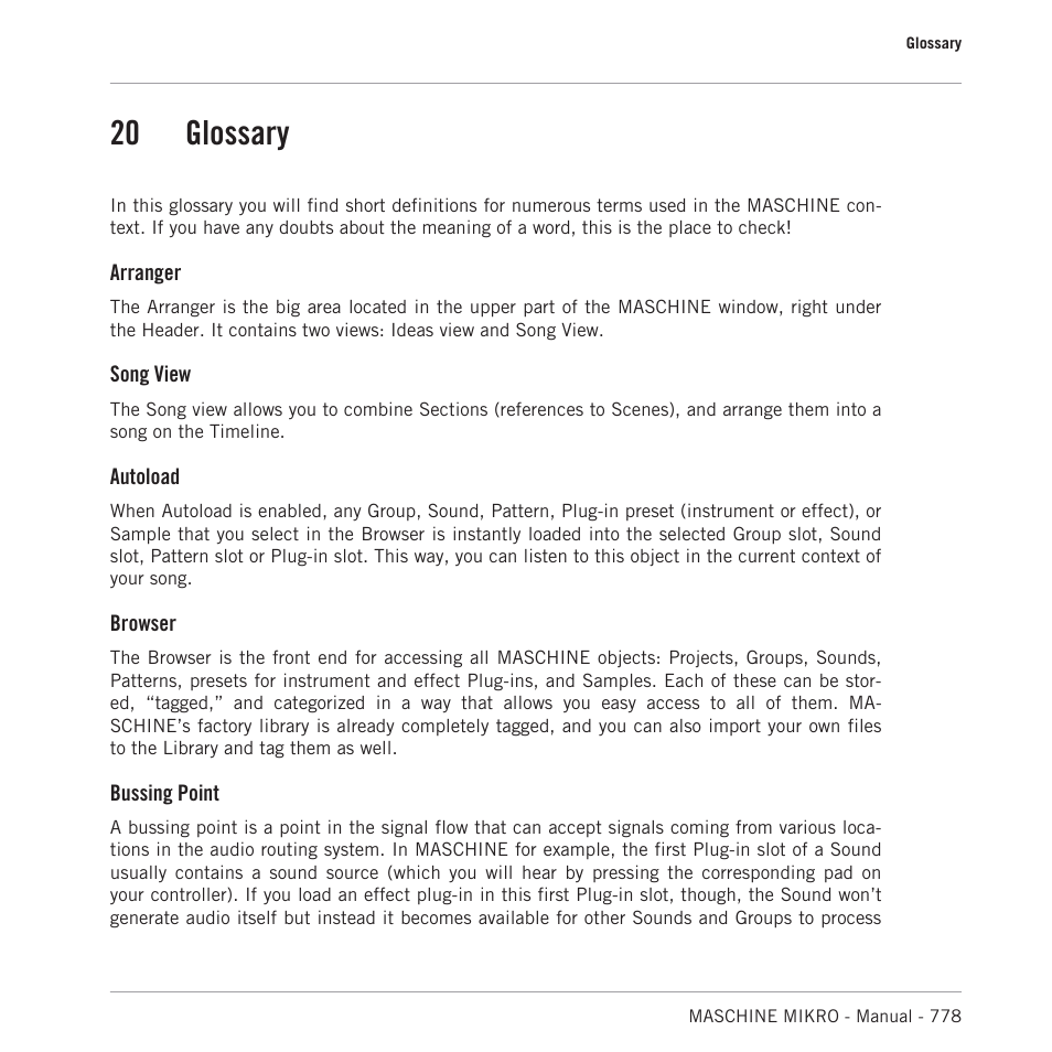 Glossary, 20 glossary, Please refer to chapter | 20, glossary, At the end of this manual for more definitions | Native Instruments MASCHINE MIKRO MK3 Groove Production Studio (Black) User Manual | Page 778 / 807