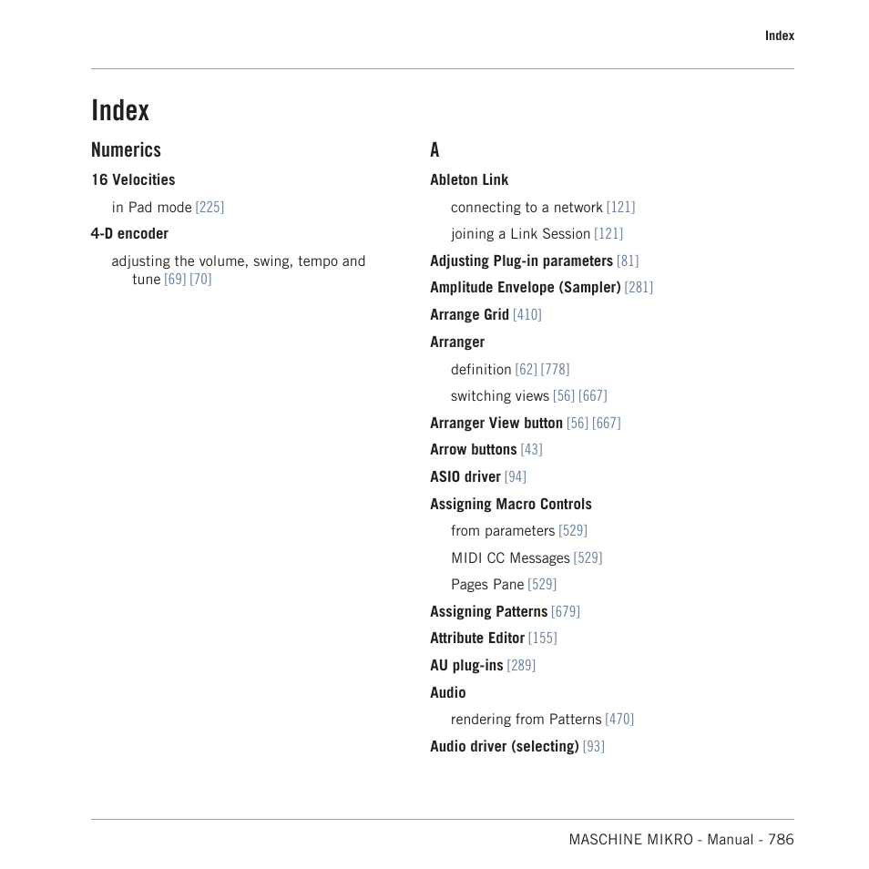 Index, Numerics | Native Instruments MASCHINE MIKRO MK3 Groove Production Studio (Black) User Manual | Page 786 / 807