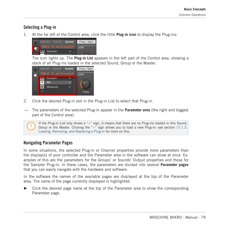 Selecting a plug-in, Navigating parameter pages | Native Instruments MASCHINE MIKRO MK3 Groove Production Studio (Black) User Manual | Page 79 / 807