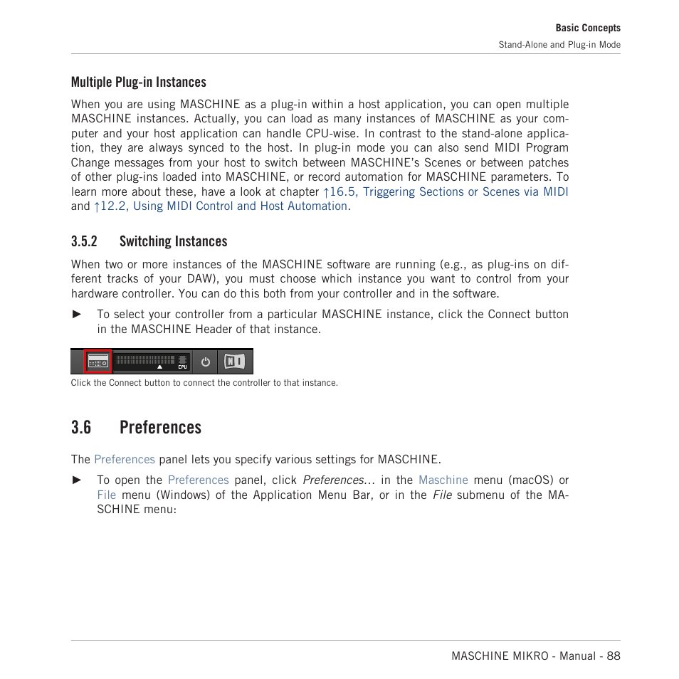 Switching instances, Preferences, 6 preferences | Multiple plug-in instances, 2 switching instances | Native Instruments MASCHINE MIKRO MK3 Groove Production Studio (Black) User Manual | Page 88 / 807