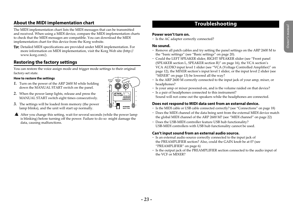 About the midi implementation chart, Restoring the factory settings, Troubleshooting | KORG ARP 2600 M Analog Synthesizer Module with Carrying Case User Manual | Page 23 / 116