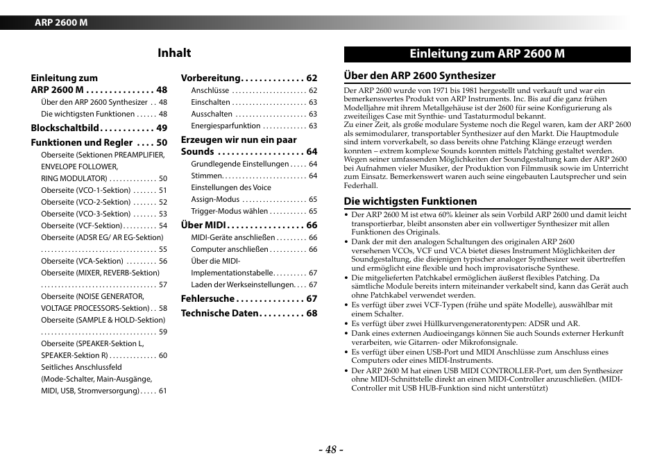 Inhalt, Einleitung zum arp 2600 m, Über den arp 2600 synthesizer | Die wichtigsten funktionen | KORG ARP 2600 M Analog Synthesizer Module with Carrying Case User Manual | Page 48 / 116