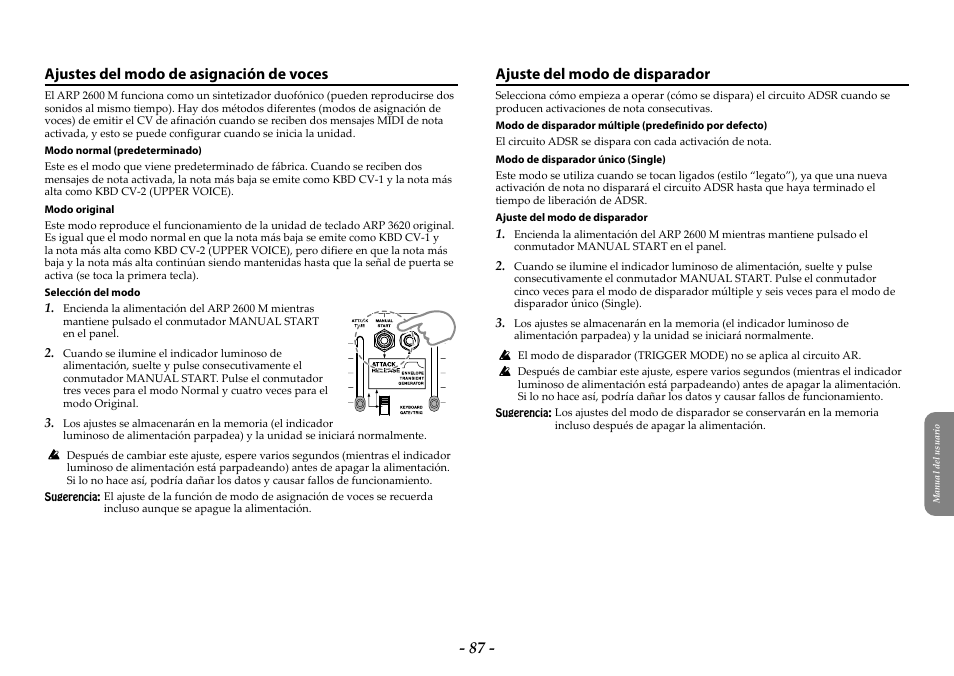 Ajustes del modo de asignación de voces, Ajuste del modo de disparador | KORG ARP 2600 M Analog Synthesizer Module with Carrying Case User Manual | Page 87 / 116