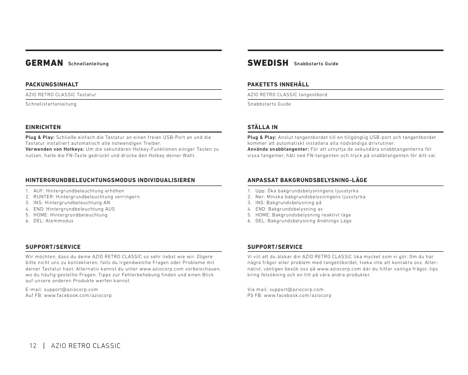 German swedish | Azio Retro Classic USB Backlit Mechanical Keyboard (Posh) User Manual | Page 14 / 20