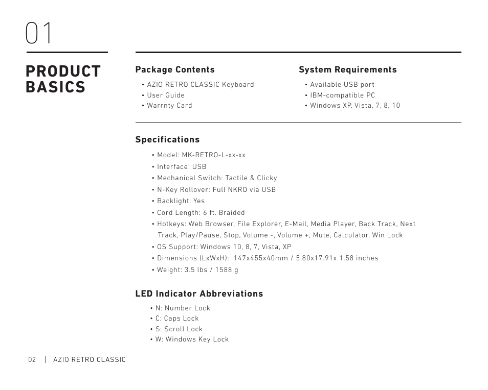 Product basics | Azio Retro Classic USB Backlit Mechanical Keyboard (Posh) User Manual | Page 4 / 20