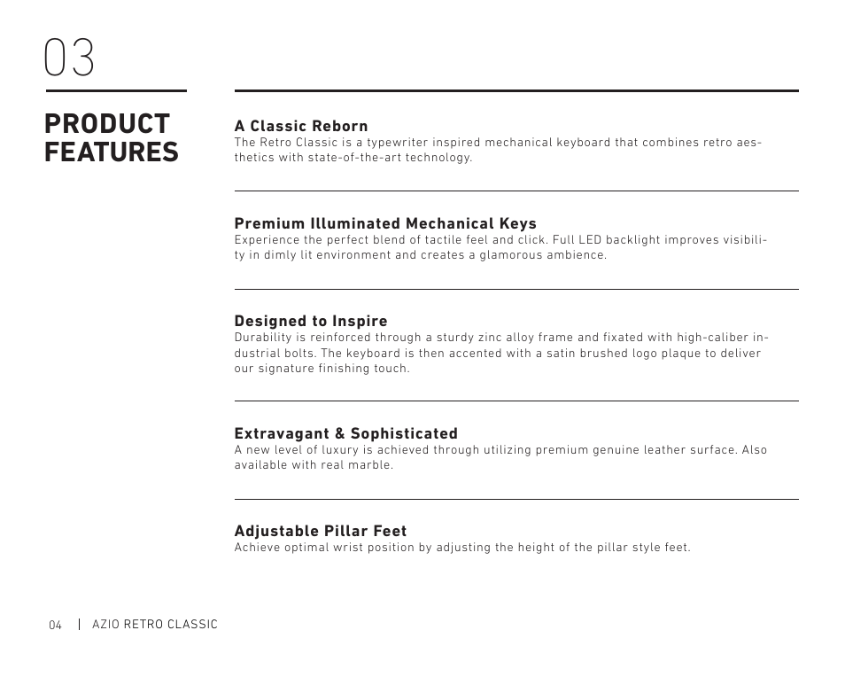 Product features | Azio Retro Classic USB Backlit Mechanical Keyboard (Posh) User Manual | Page 6 / 20