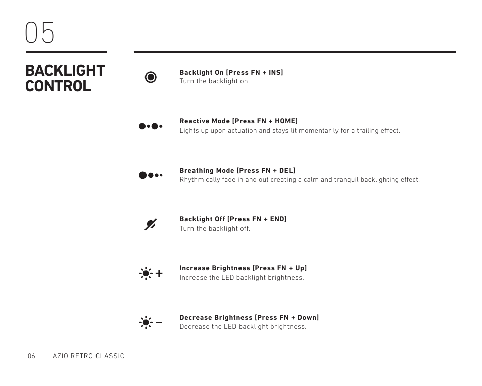 Backlight control | Azio Retro Classic USB Backlit Mechanical Keyboard (Posh) User Manual | Page 8 / 20