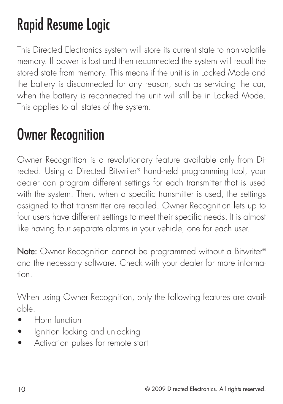 Rapid resume logic, Owner recognition | Directed Electronics PYTHON 413 User Manual | Page 16 / 28