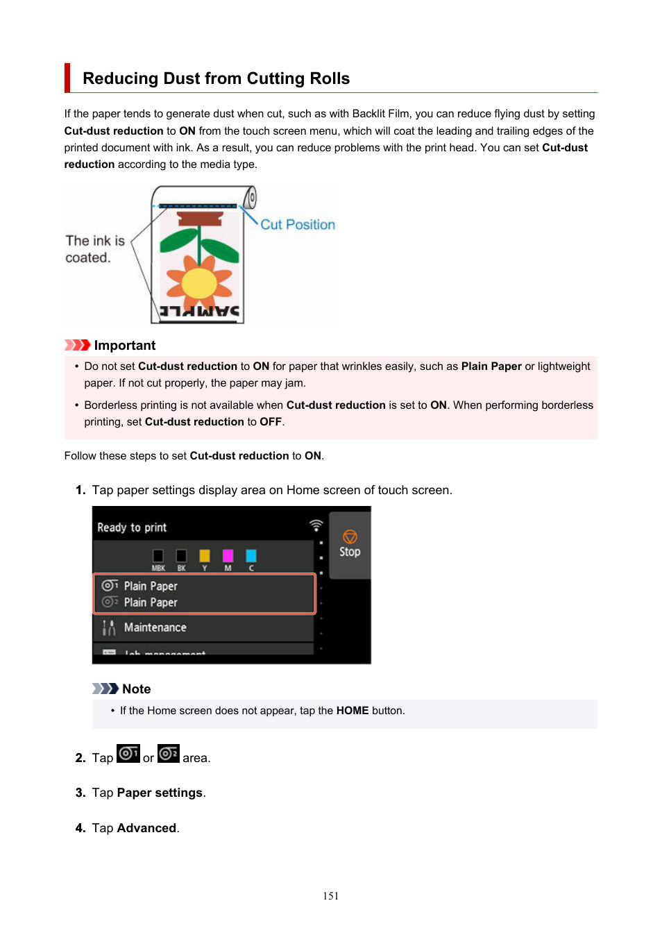 Reducing dust from cutting rolls | Canon imagePROGRAF TX-3100 36" Printer with Basket User Manual | Page 151 / 1073