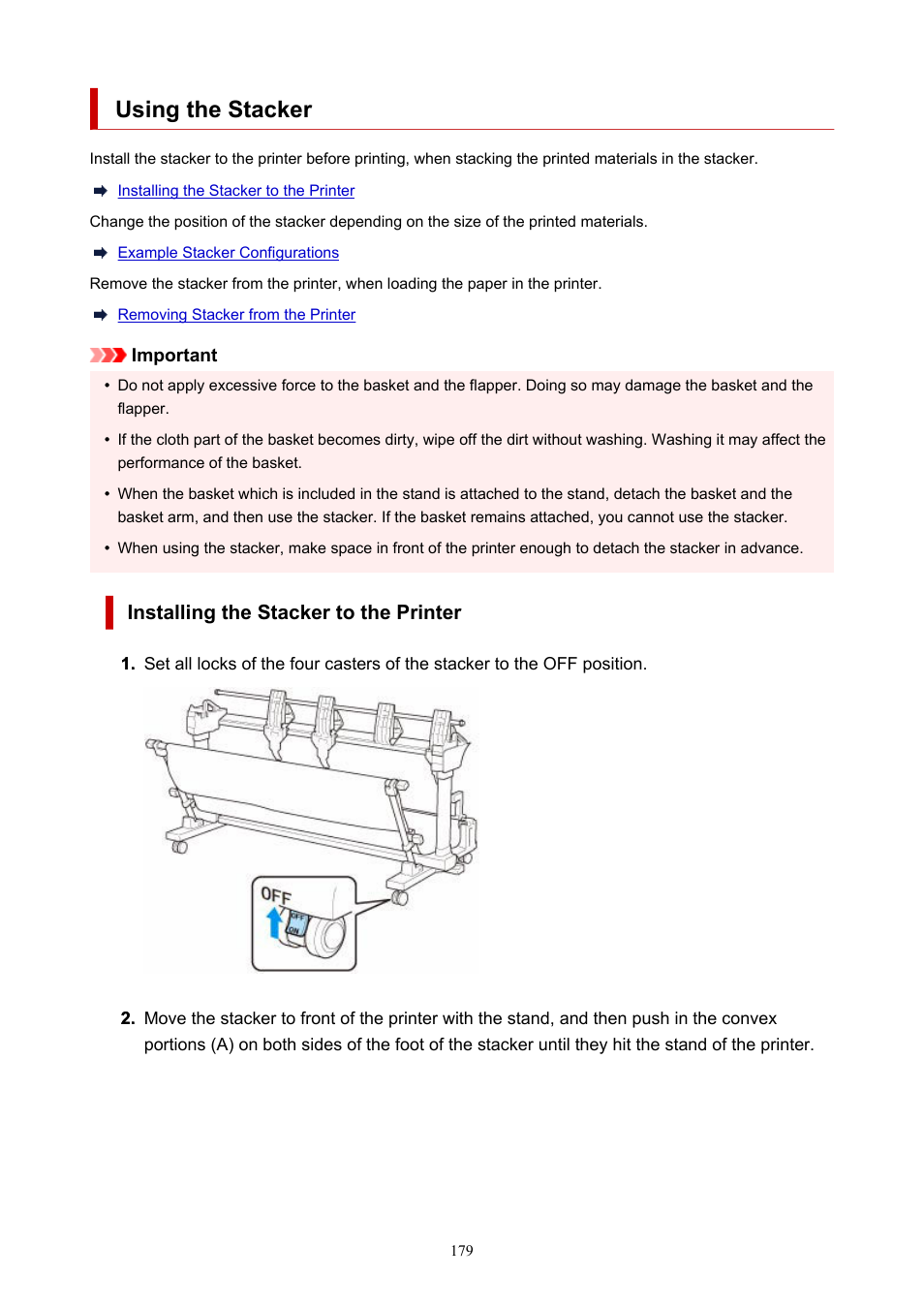 Using the stacker | Canon imagePROGRAF TX-3100 36" Printer with Basket User Manual | Page 179 / 1073