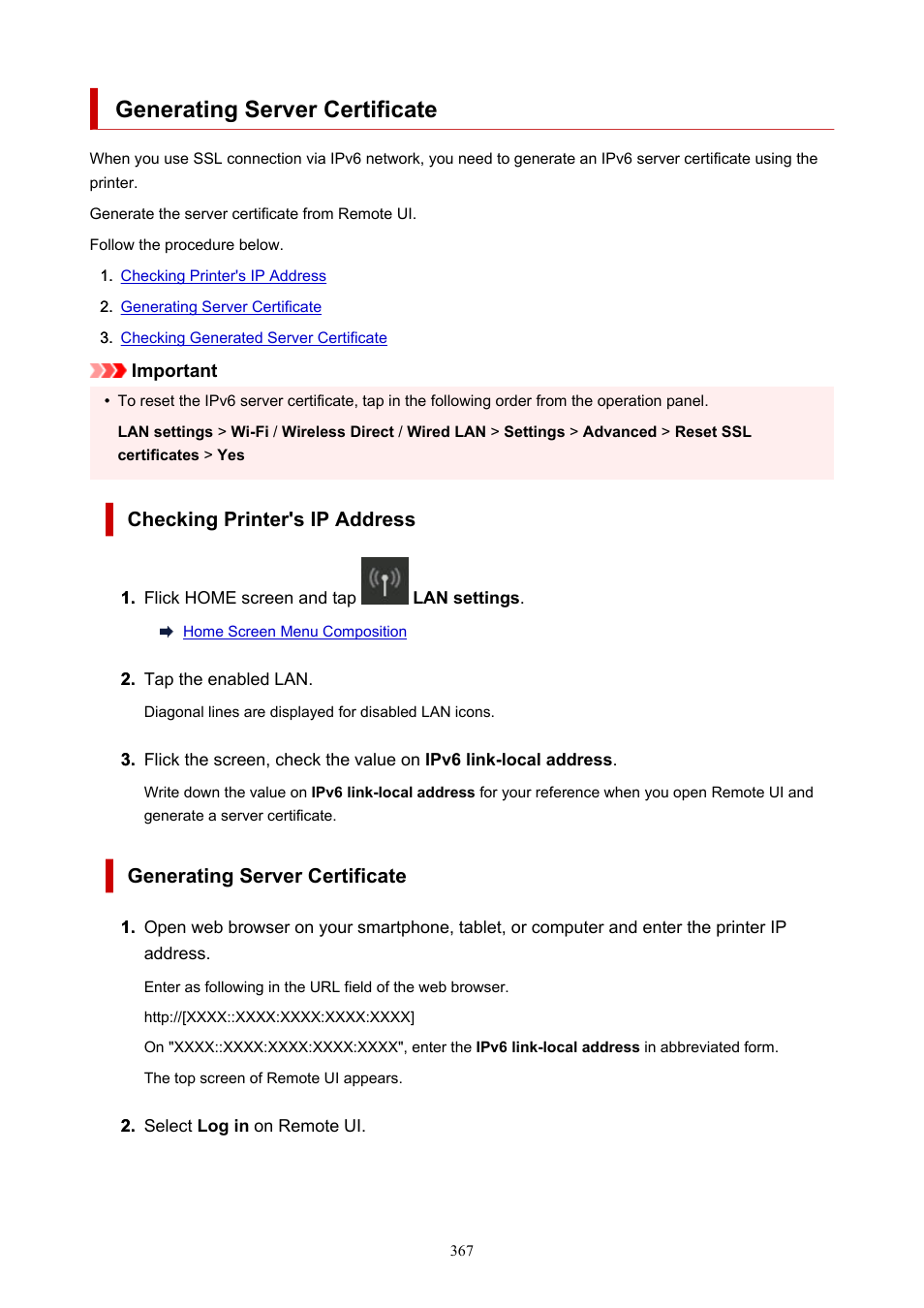 Generating server certificate, Checking printer's ip address | Canon imagePROGRAF TX-3100 36