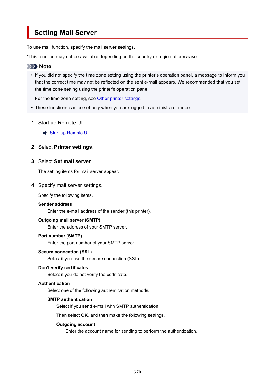Setting mail server | Canon imagePROGRAF TX-3100 36" Printer with Basket User Manual | Page 370 / 1073