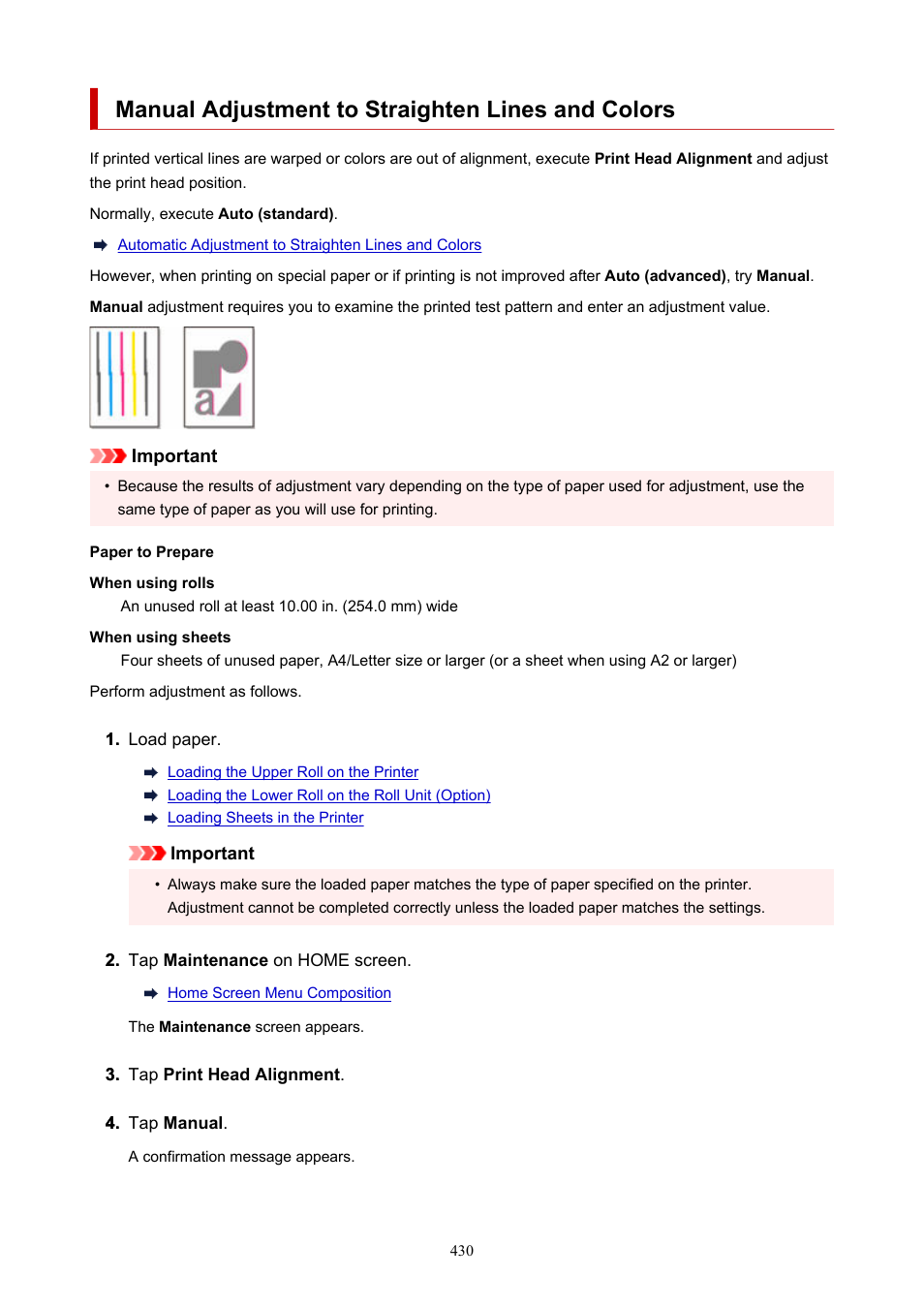 Manual adjustment to straighten lines and colors | Canon imagePROGRAF TX-3100 36" Printer with Basket User Manual | Page 430 / 1073