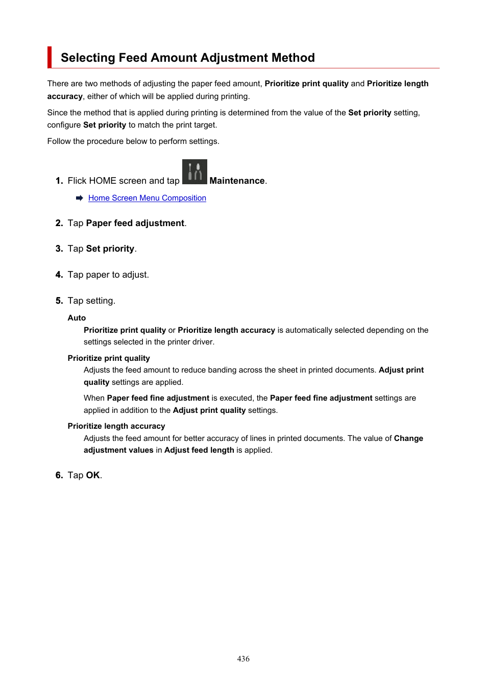 Selecting feed amount adjustment method | Canon imagePROGRAF TX-3100 36" Printer with Basket User Manual | Page 436 / 1073