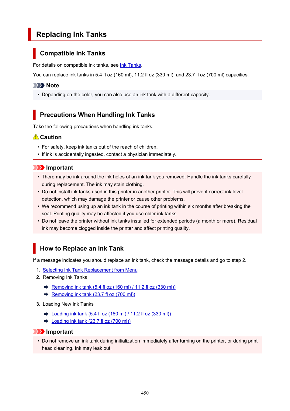Replacing ink tanks | Canon imagePROGRAF TX-3100 36" Printer with Basket User Manual | Page 450 / 1073